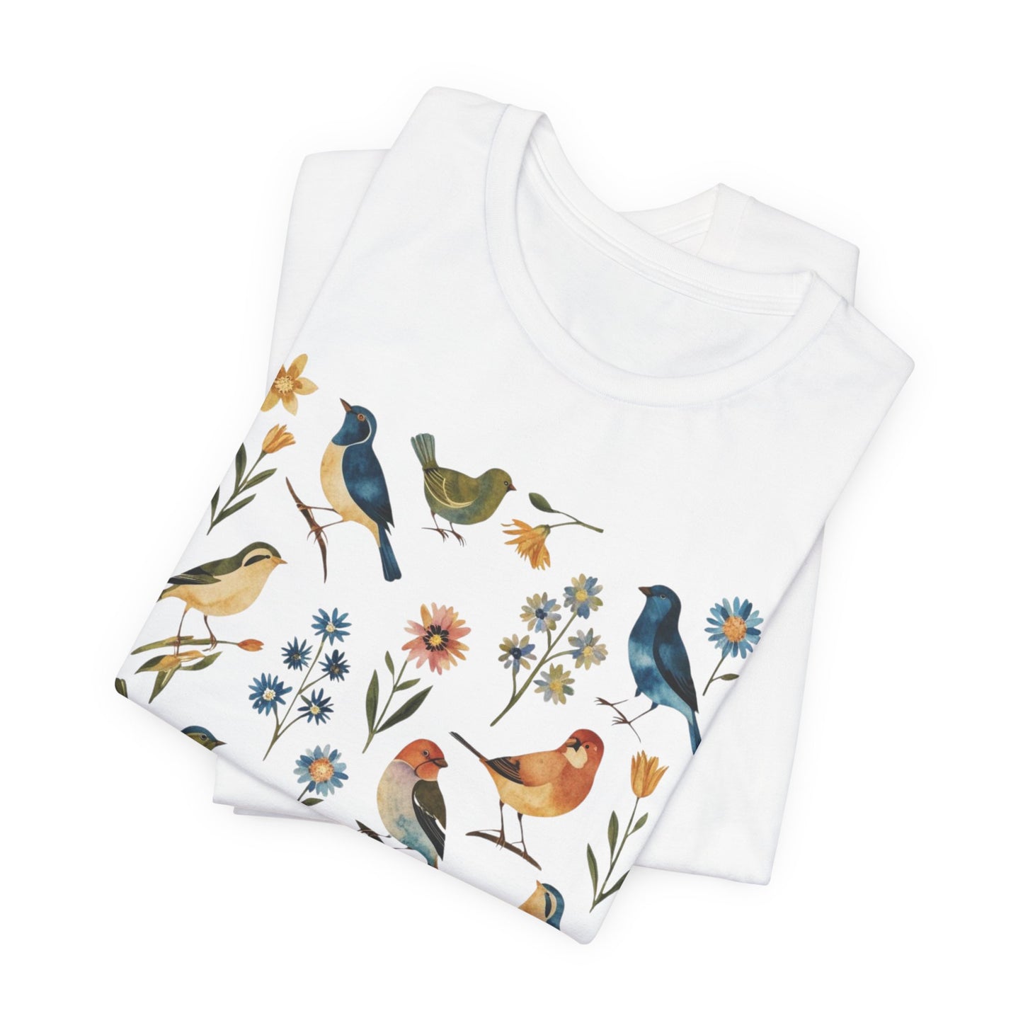 Cottagecore Birds and Flowers Shirt, Folk Art Scandi Art T Shirt, Boho Floral & Birds Graphic T-Shirt
