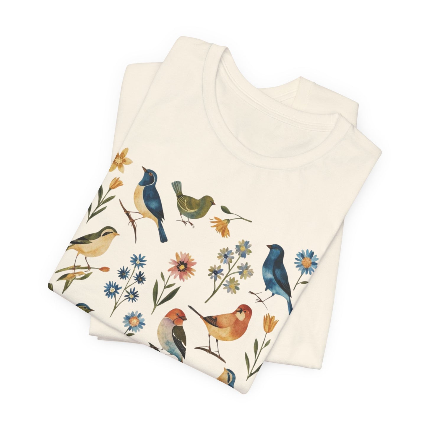 Cottagecore Birds and Flowers Shirt, Folk Art Scandi Art T Shirt, Boho Floral & Birds Graphic T-Shirt
