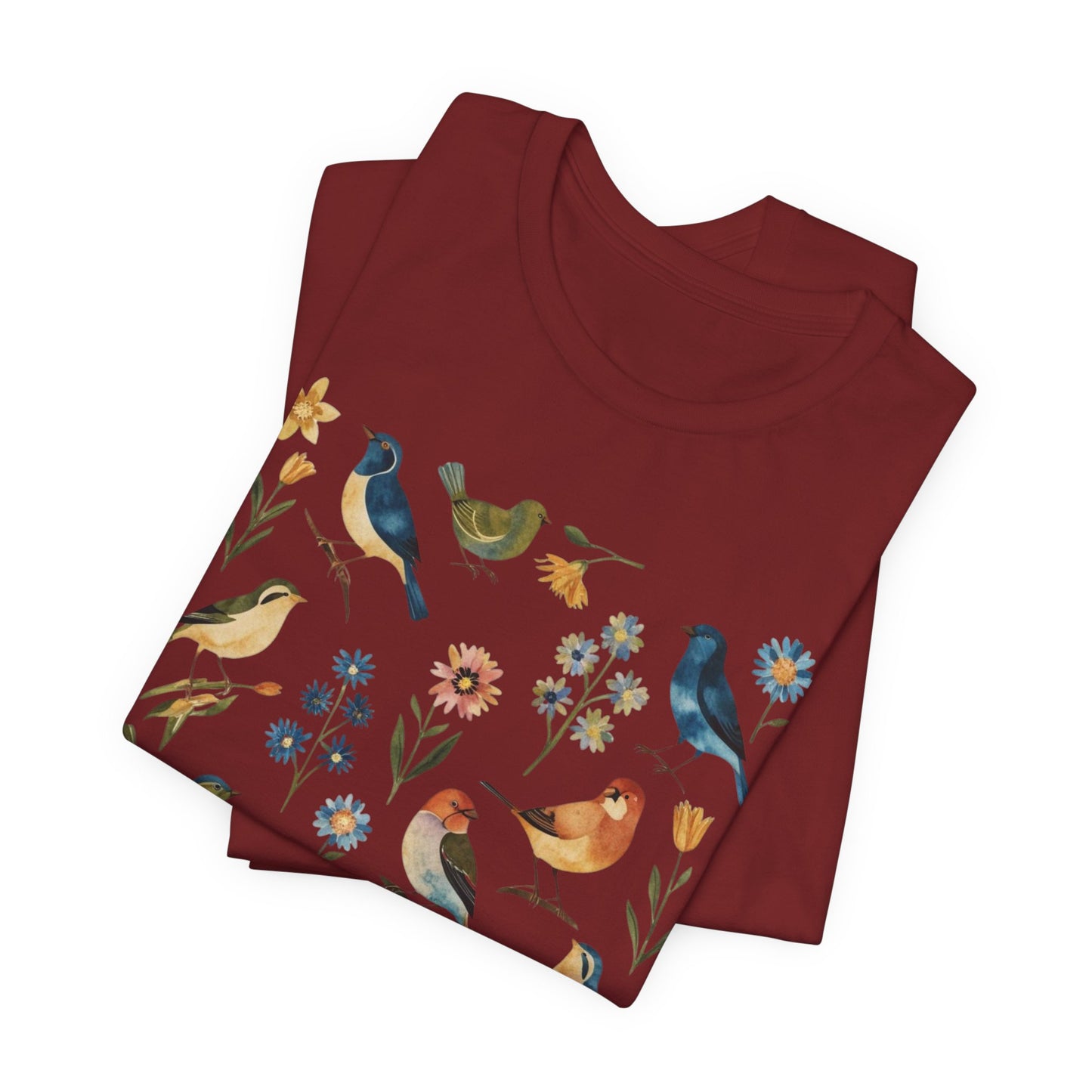 Cottagecore Birds and Flowers Shirt, Folk Art Scandi Art T Shirt, Boho Floral & Birds Graphic T-Shirt
