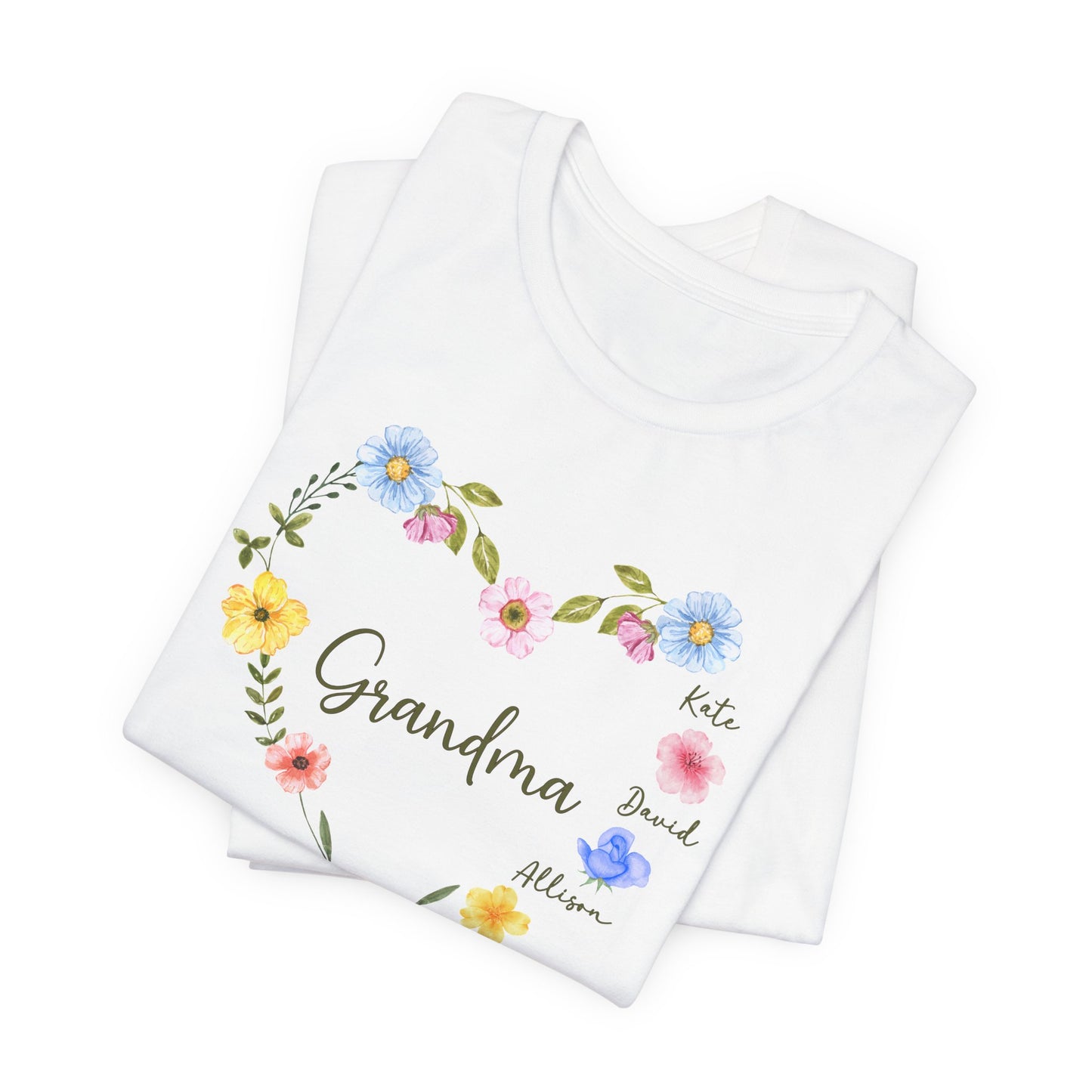 Custom Floral Heart T-Shirt for Grandma β Perfect Gift for Mother's Day with Family Names - Verdant Blossoms