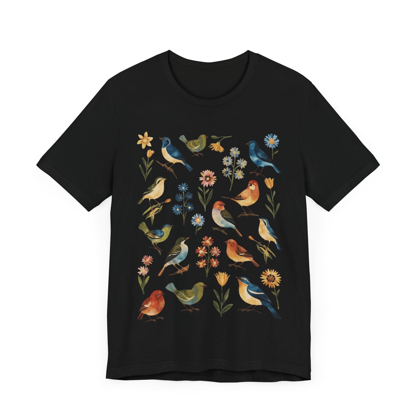Cottagecore Birds and Flowers Shirt, Folk Art Scandi Art T Shirt, Boho Floral & Birds Graphic T-Shirt