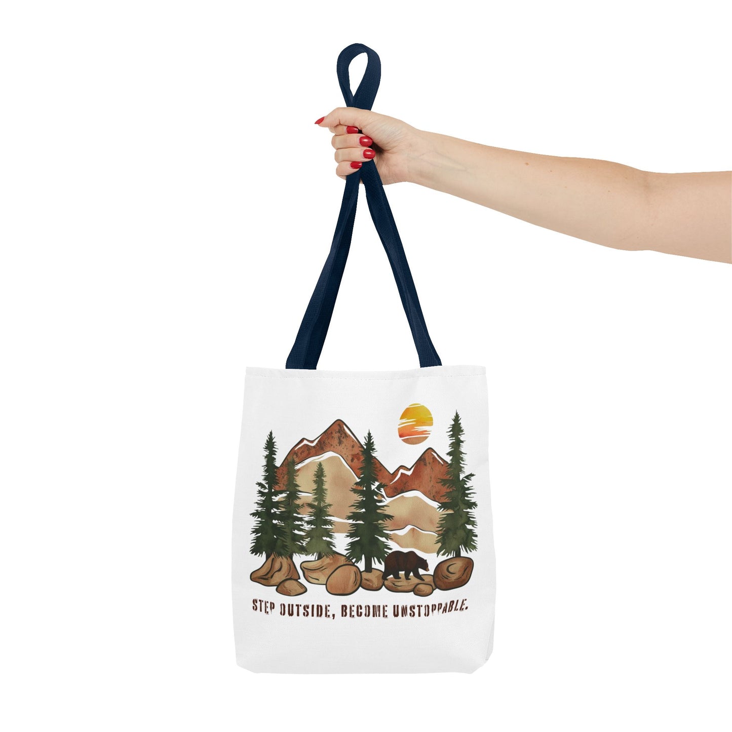 Mountain Bear Tote Bag - Adventure Awaits with "Step Outside, Become Unstoppable" - Verdant Blossoms