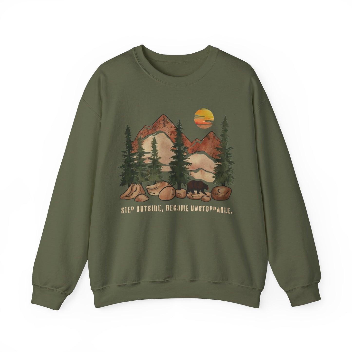 Step Outside, Become Unstoppable - Mountain Forest Sweatshirt - Verdant Blossoms
