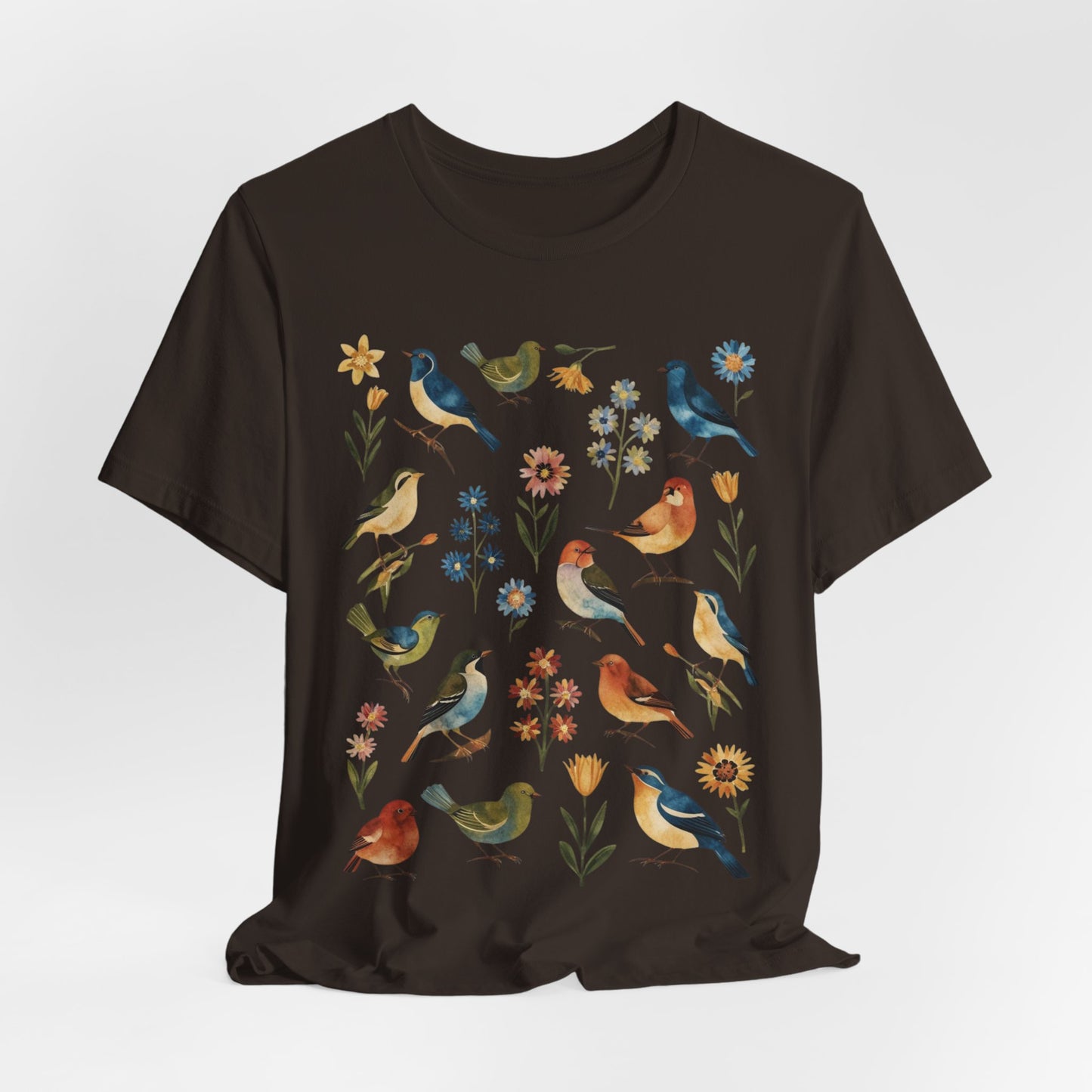 Cottagecore Birds and Flowers Shirt, Folk Art Scandi Art T Shirt, Boho Floral & Birds Graphic T-Shirt