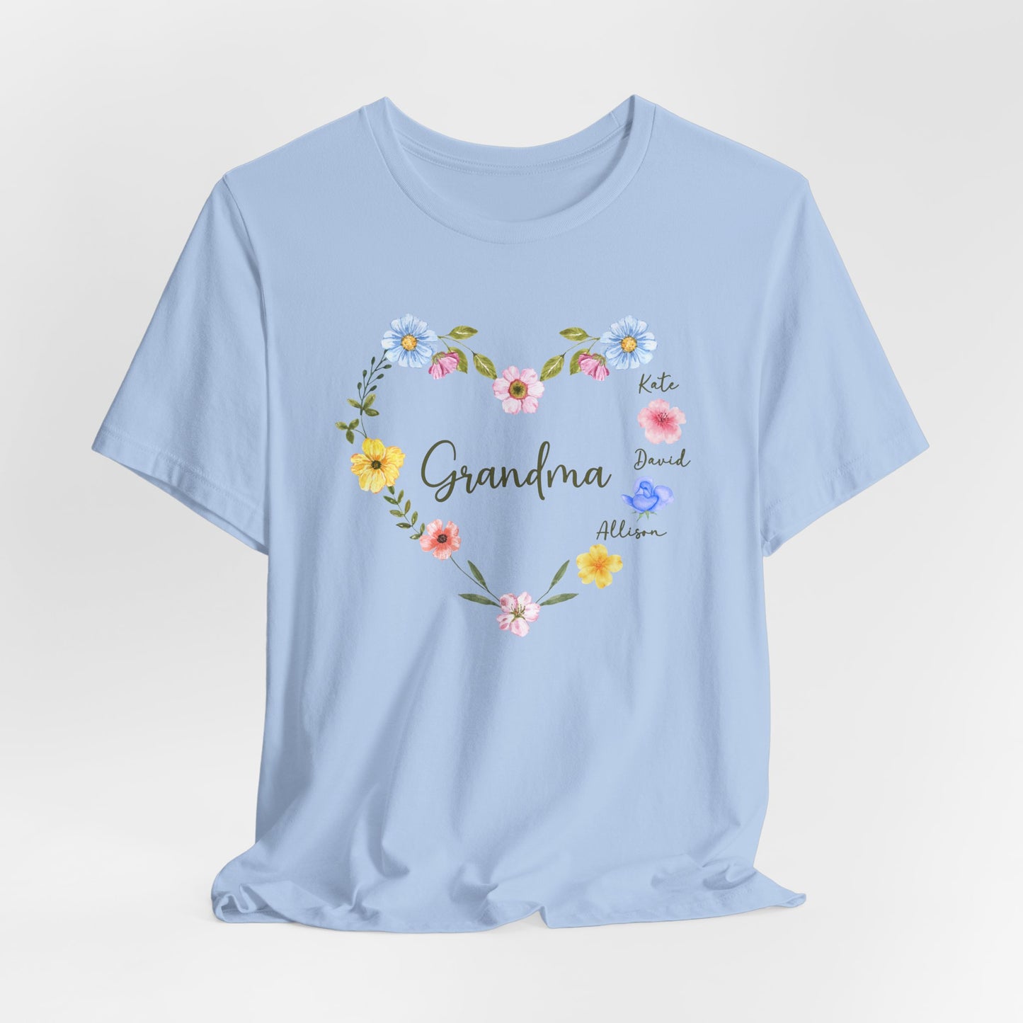 Custom Floral Heart T-Shirt for Grandma β Perfect Gift for Mother's Day with Family Names - Verdant Blossoms