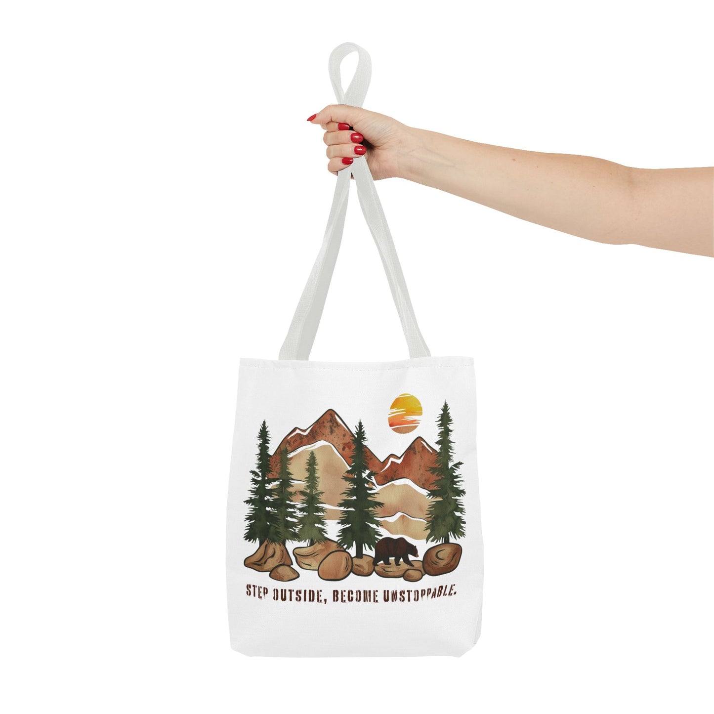 Mountain Bear Tote Bag - Adventure Awaits with "Step Outside, Become Unstoppable" - Verdant Blossoms