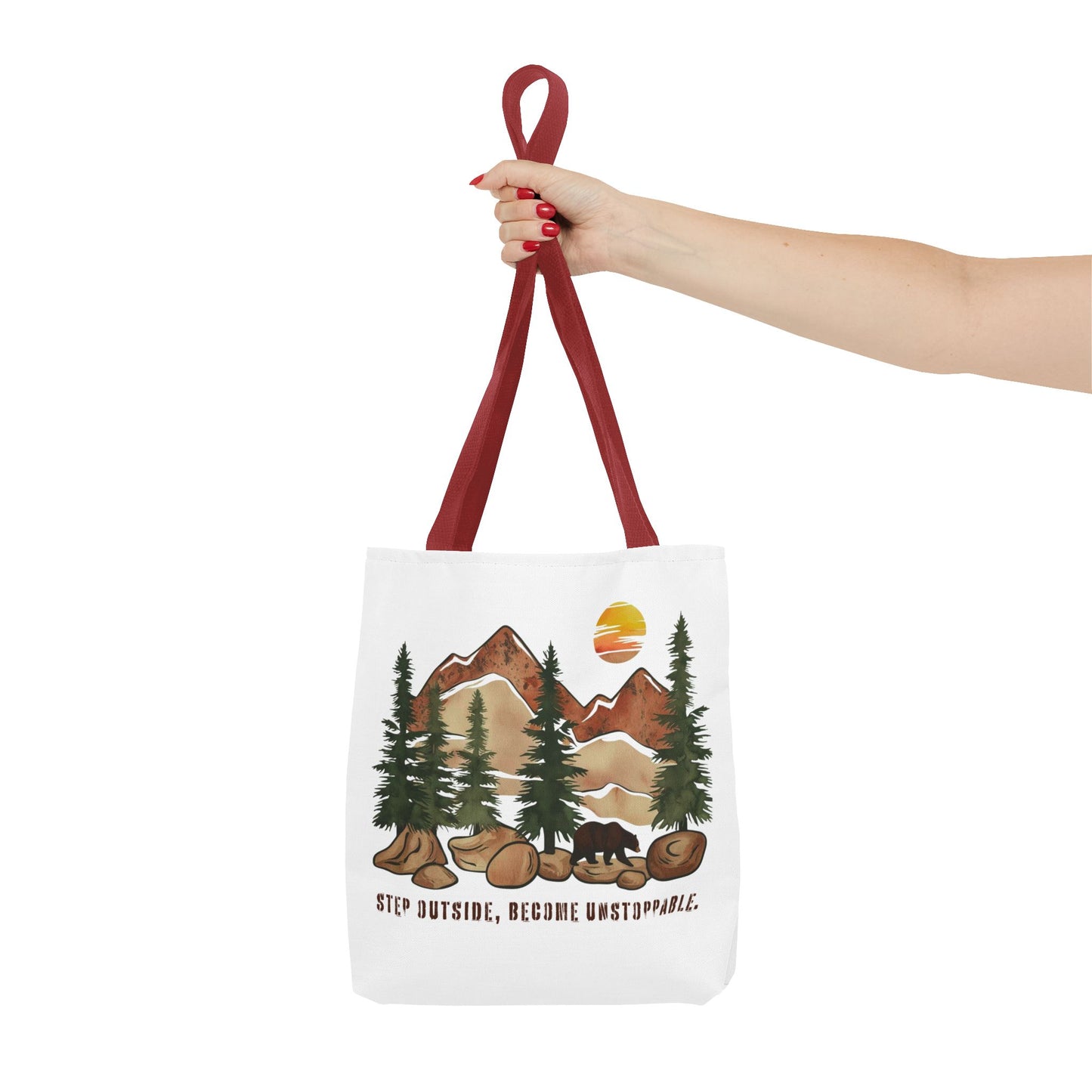 Mountain Bear Tote Bag - Adventure Awaits with "Step Outside, Become Unstoppable" - Verdant Blossoms
