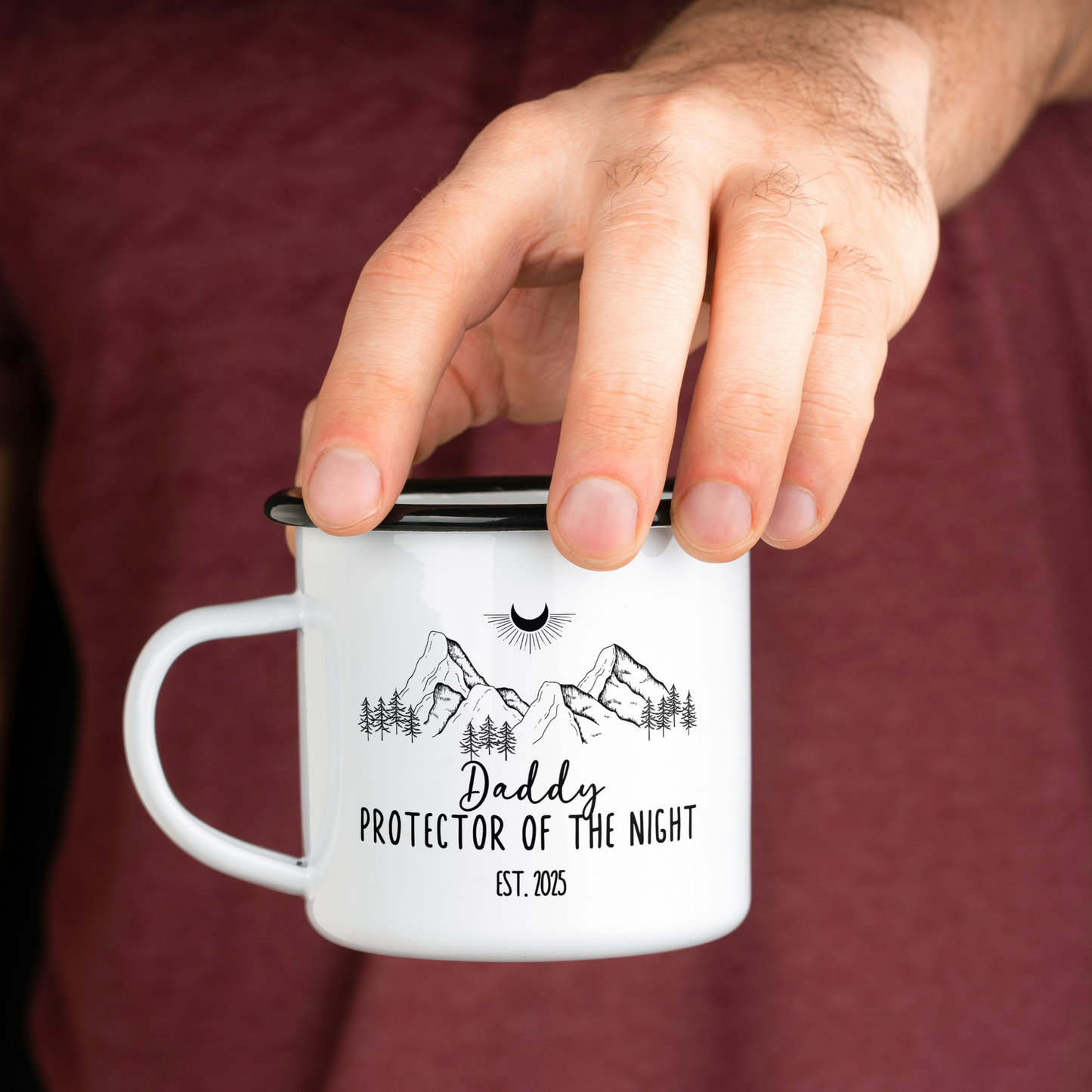 Personalized enamel mugs for parents with 'Light of Our Days' for mom and 'Protector of the Night' for dad. Black or silver rim. Perfect for new parents.