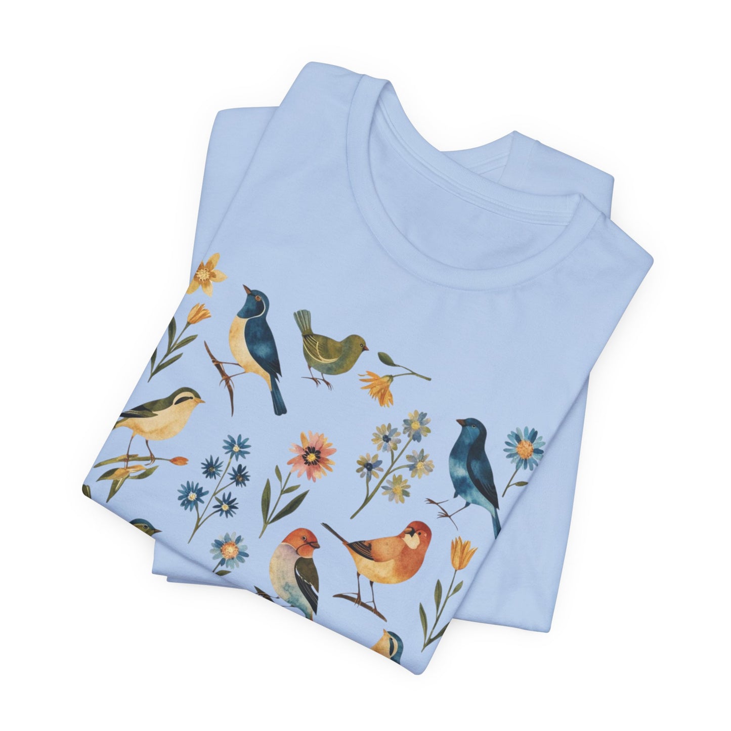Cottagecore Birds and Flowers Shirt, Folk Art Scandi Art T Shirt, Boho Floral & Birds Graphic T-Shirt