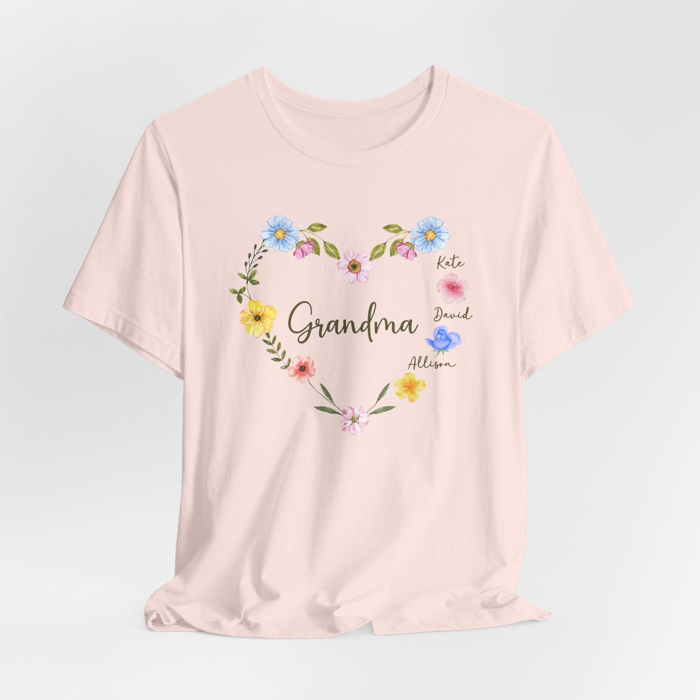 Custom Floral Heart T-Shirt for Grandma β Perfect Gift for Mother's Day with Family Names - Verdant Blossoms