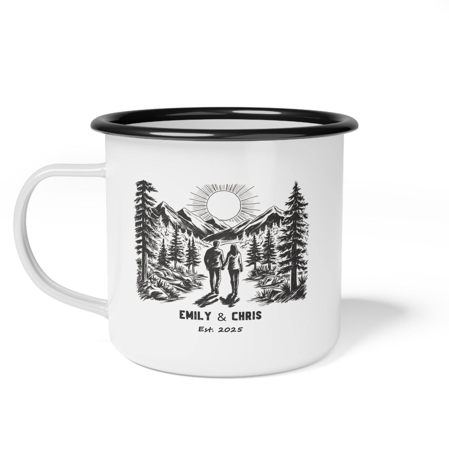 Personalized Enamel Camp Cup for Couples | Custom Forest Adventure Design - Celebrate Love This Valentine's Day - Verdant Blossoms