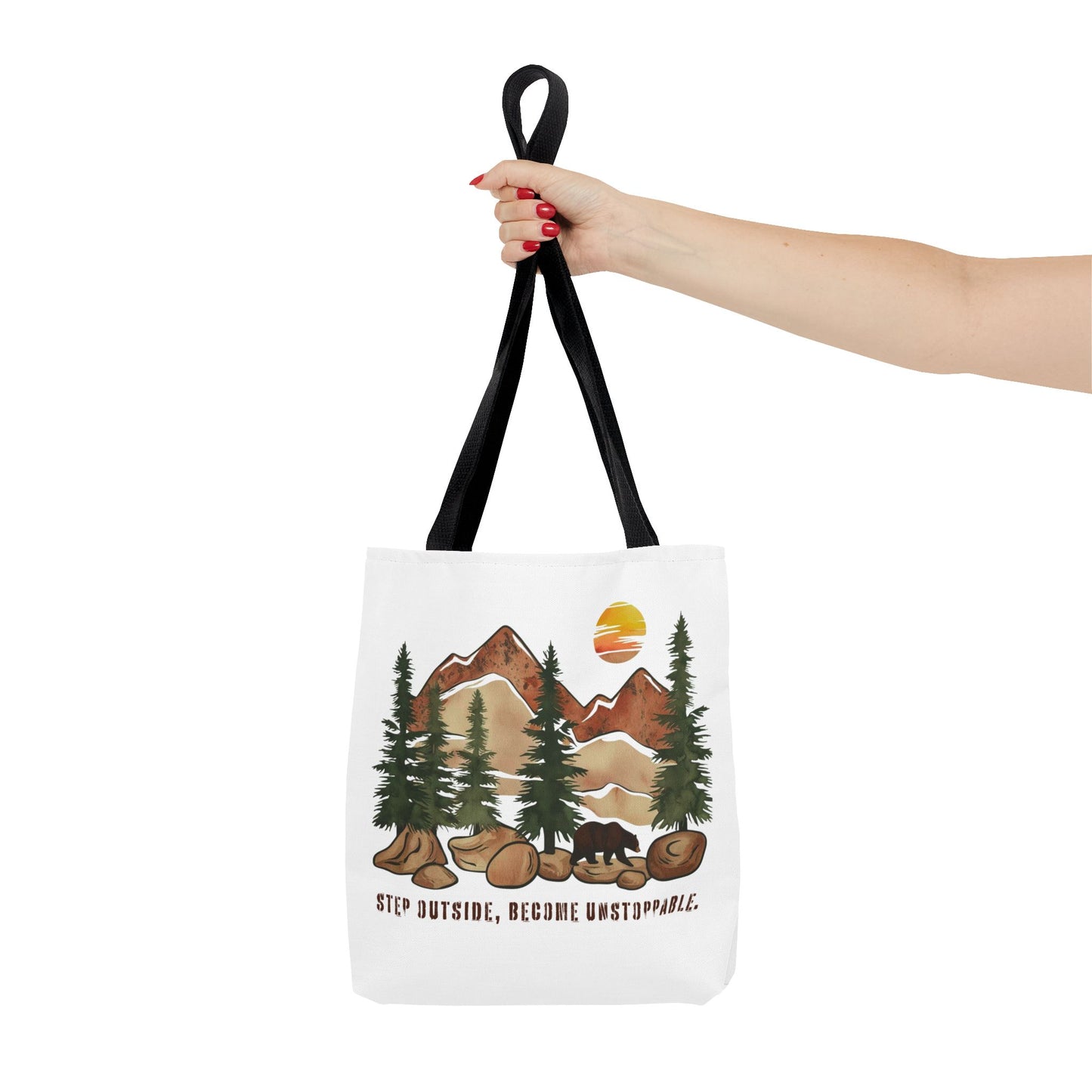 Mountain Bear Tote Bag - Adventure Awaits with "Step Outside, Become Unstoppable" - Verdant Blossoms
