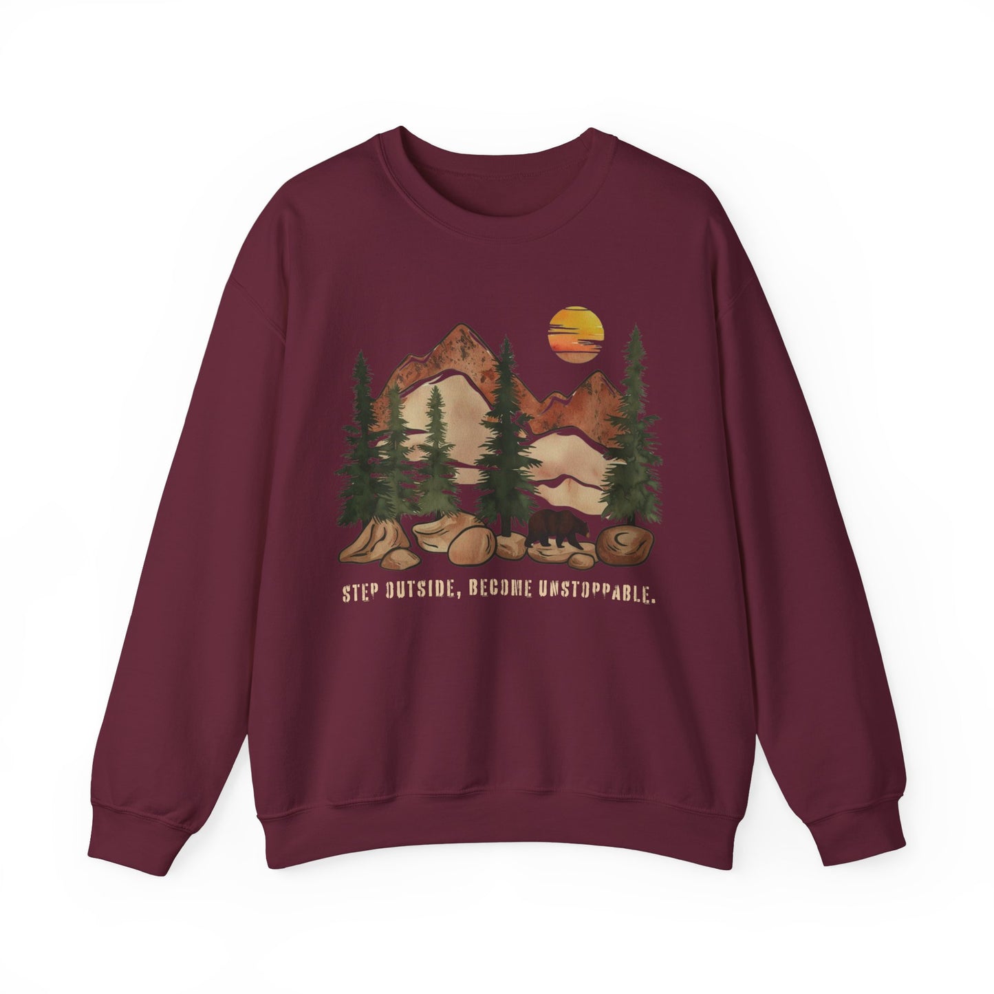 Step Outside, Become Unstoppable - Mountain Forest Sweatshirt - Verdant Blossoms