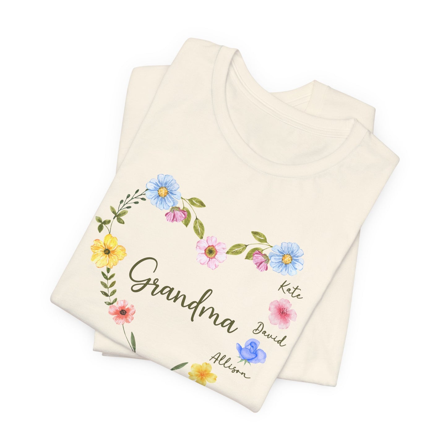 Custom Floral Heart T-Shirt for Grandma β Perfect Gift for Mother's Day with Family Names - Verdant Blossoms
