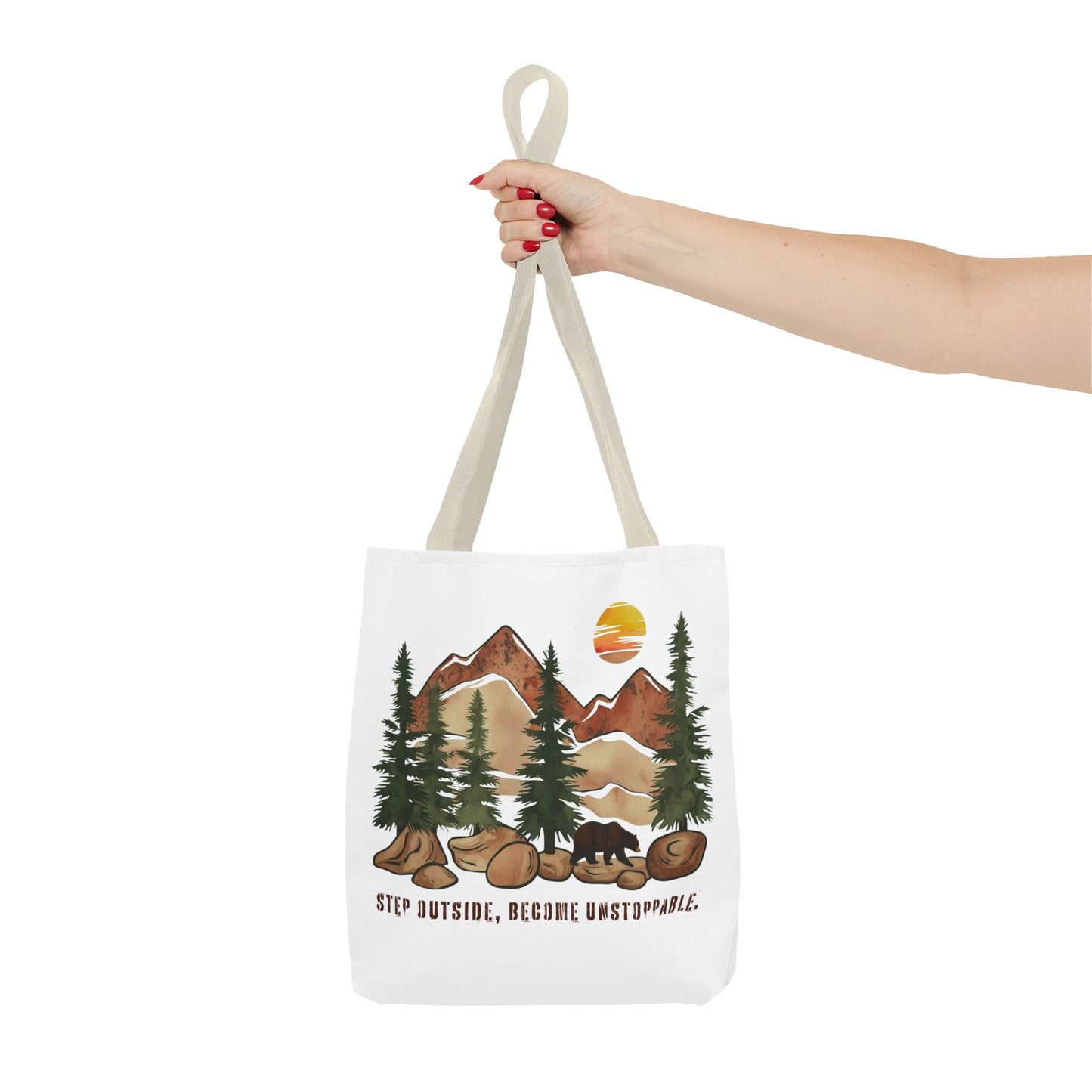 Mountain Bear Tote Bag - Adventure Awaits with "Step Outside, Become Unstoppable" - Verdant Blossoms