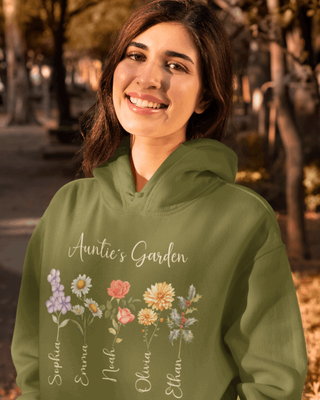 Custom Birthflower Hoodie – Auntie ’s Garden & Family Names - Unisex Hooded Sweatshirt - Verdant Blossoms
