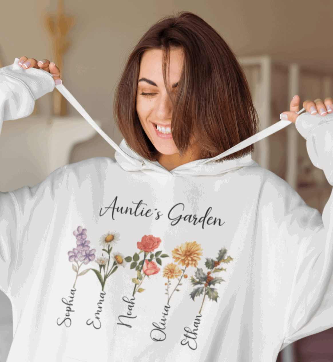 Custom Birthflower Hoodie – Auntie ’s Garden & Family Names - Unisex Hooded Sweatshirt - Verdant Blossoms