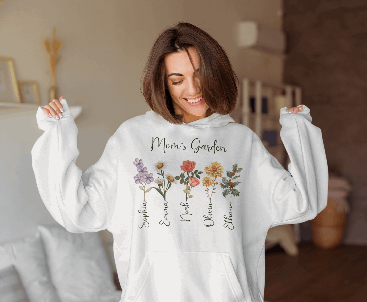 Custom Birthflower Hoodie – Auntie ’s Garden & Family Names - Unisex Hooded Sweatshirt - Verdant Blossoms
