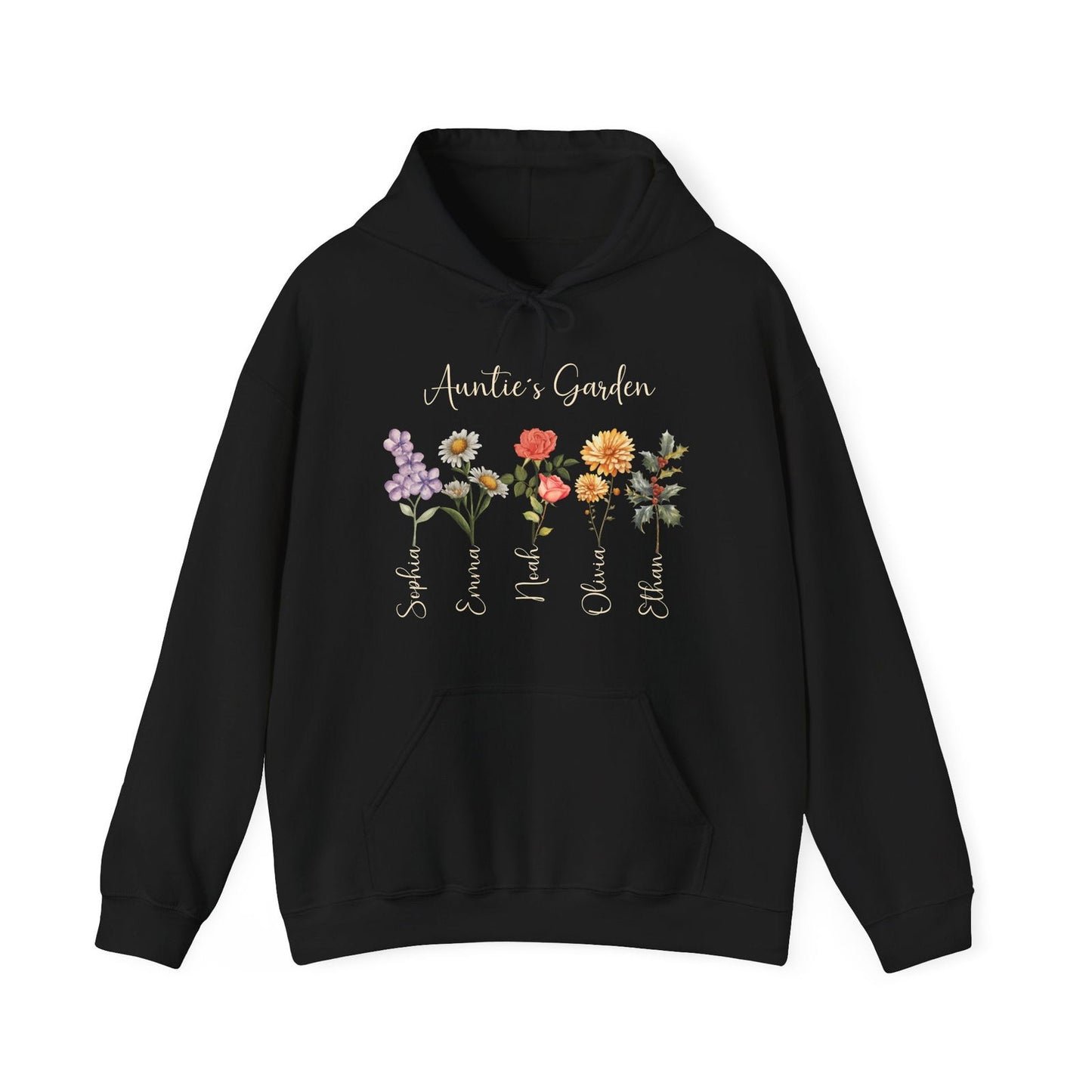 Custom Birthflower Hoodie – Auntie ’s Garden & Family Names - Unisex Hooded Sweatshirt - Verdant Blossoms