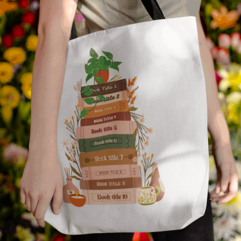 Custom Book Lovers Bag - Gift for Readers - Tote Bag with 10 Books and Flowers - Verdant Blossoms