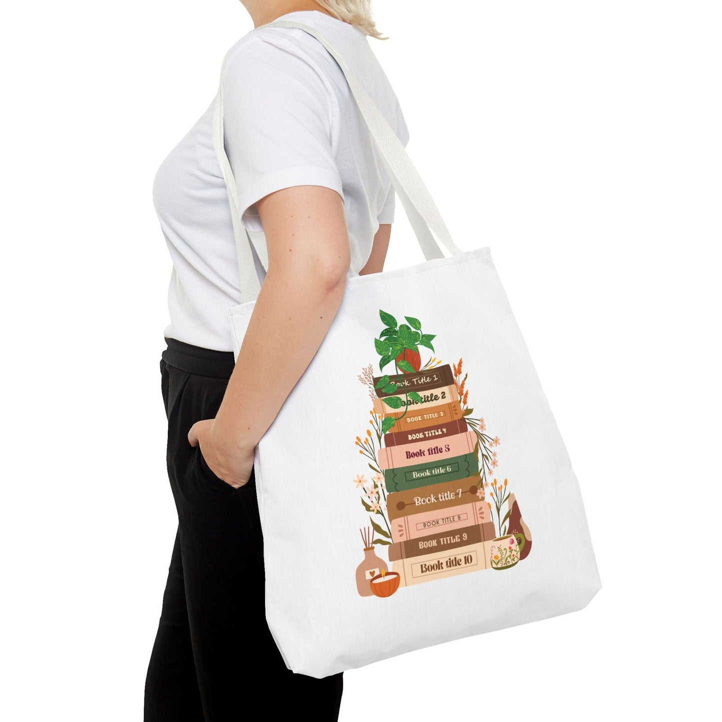Custom Book Lovers Bag - Gift for Readers - Tote Bag with 10 Books and Flowers - Verdant Blossoms