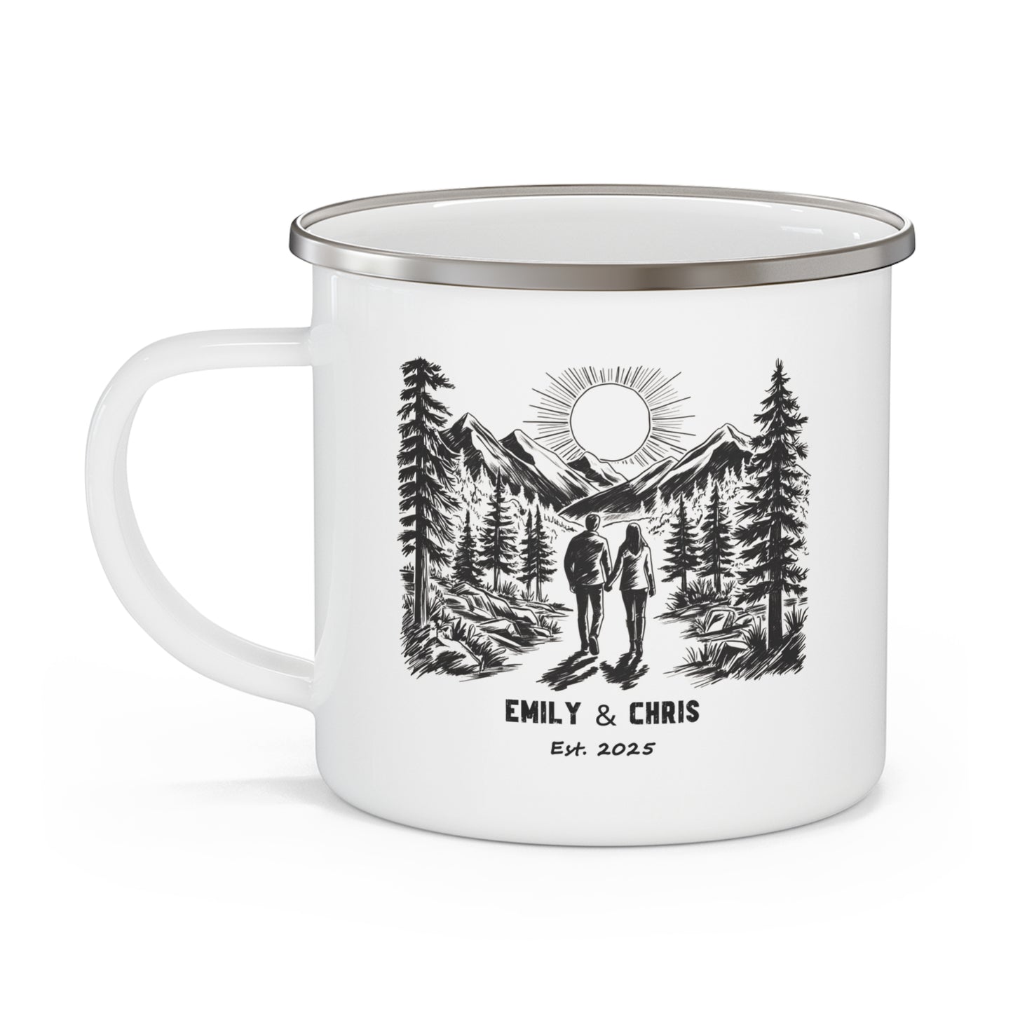 Personalized Enamel Camp Cup for Couples | Custom Forest Adventure Design - Celebrate Love This Valentine's Day - Verdant Blossoms