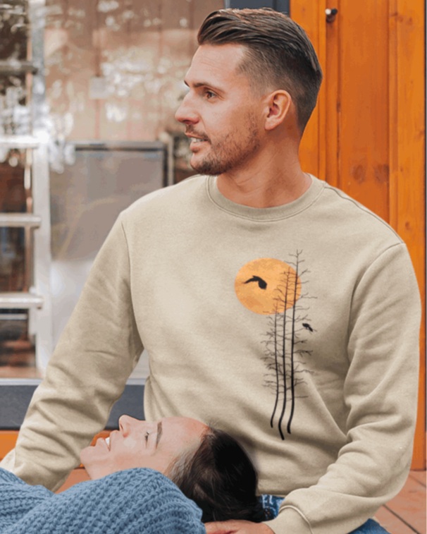 Men's Nature Sweatshirt -Forest Graphic Sweater with Minimalist Sunset - Verdant Blossoms