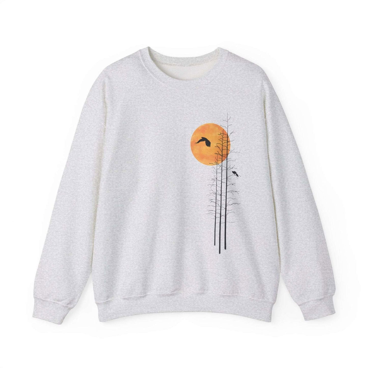 Men's Nature Sweatshirt -Forest Graphic Sweater with Minimalist Sunset - Verdant Blossoms