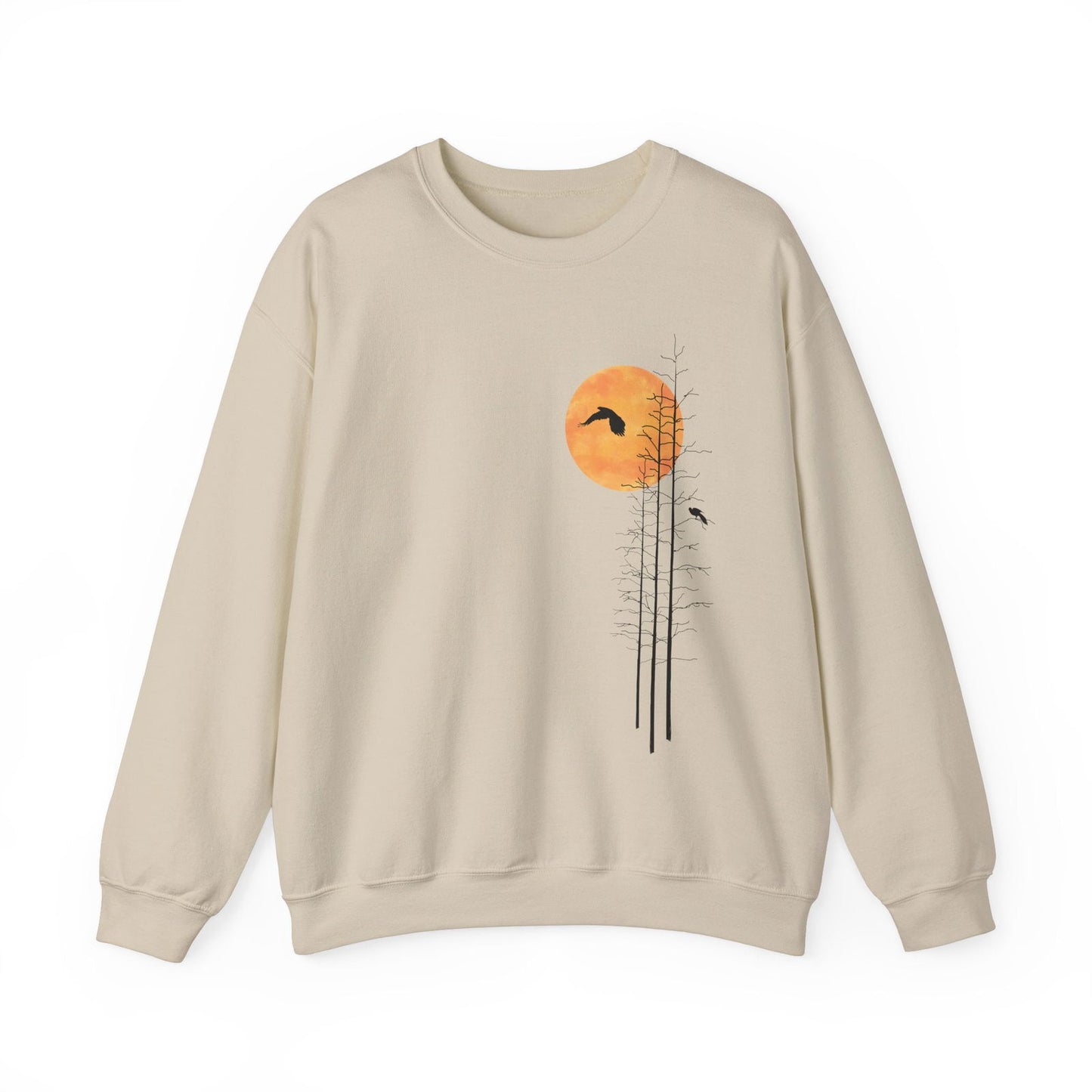 Men's Nature Sweatshirt -Forest Graphic Sweater with Minimalist Sunset - Verdant Blossoms