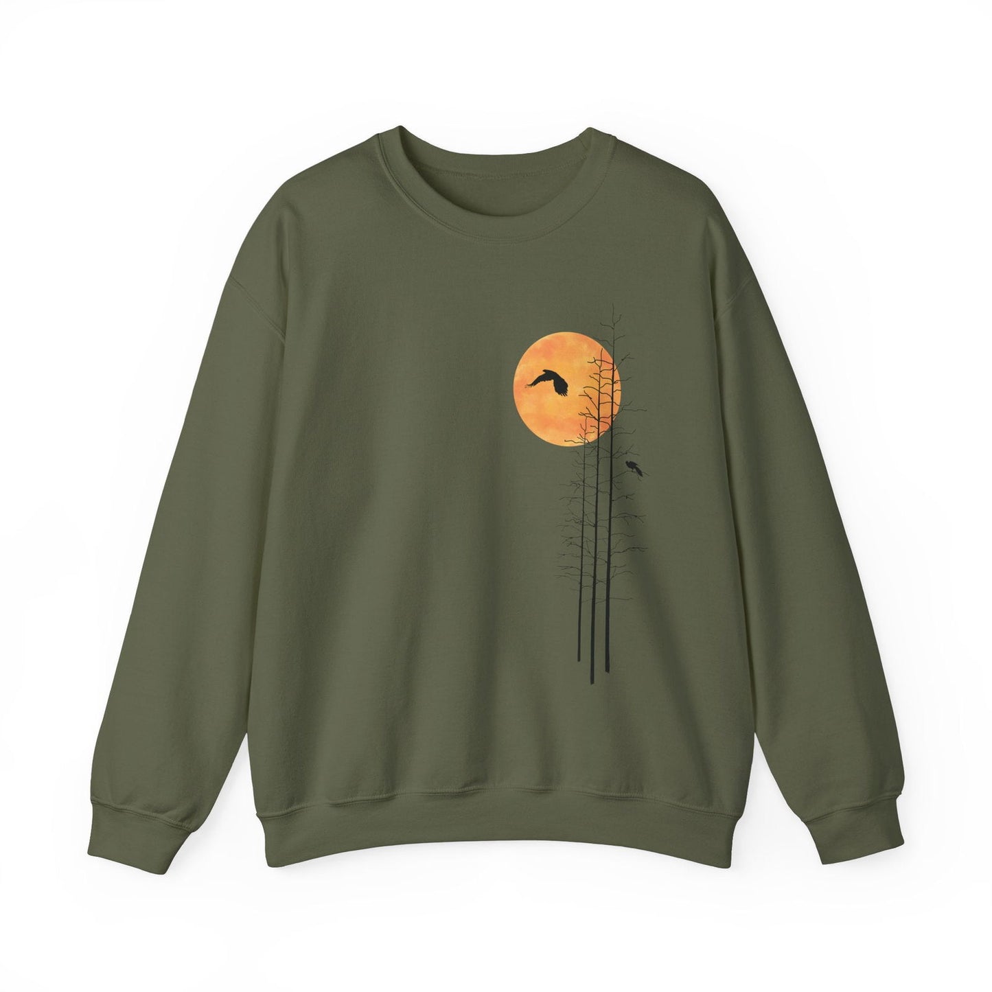 Men's Nature Sweatshirt -Forest Graphic Sweater with Minimalist Sunset - Verdant Blossoms