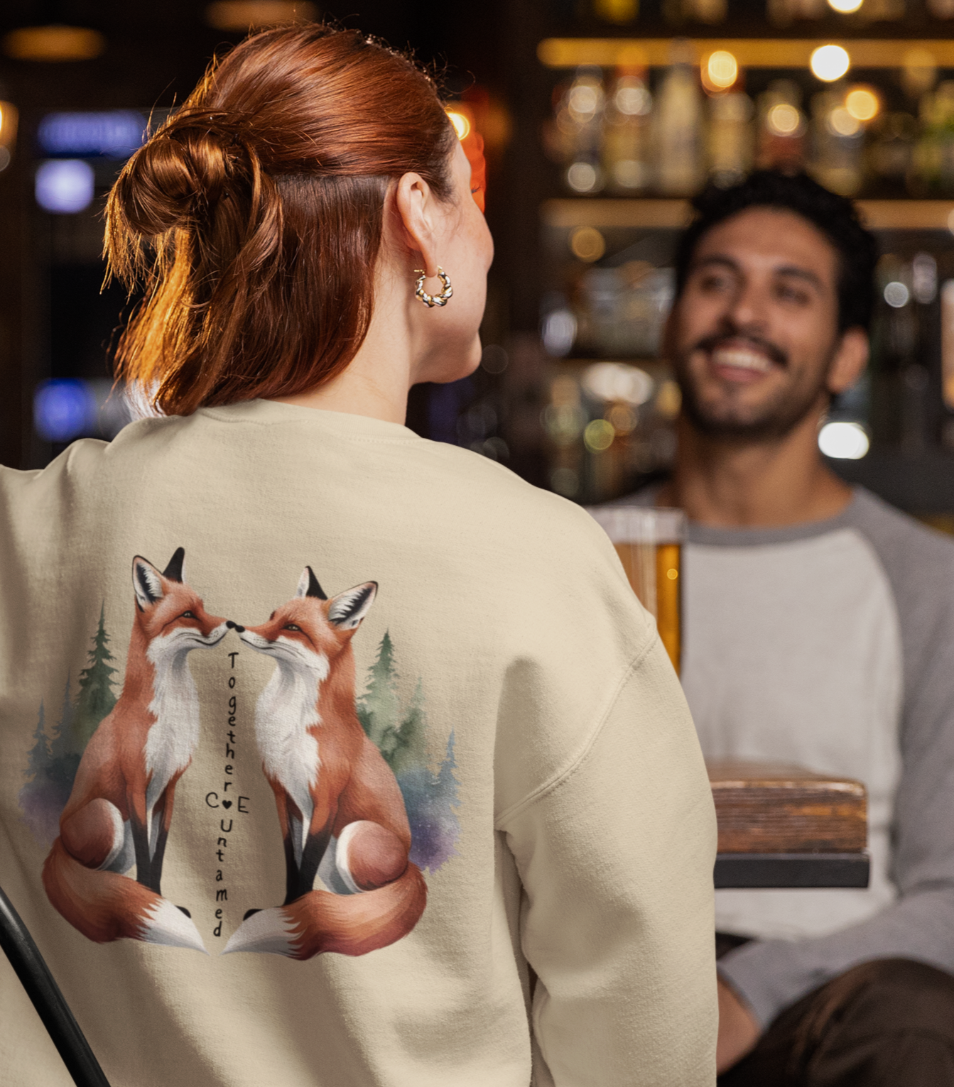 Customizable sweatshirt featuring a romantic fox couple and the phrase 'Together Untamed'—a perfect blend of style, love, and nature.