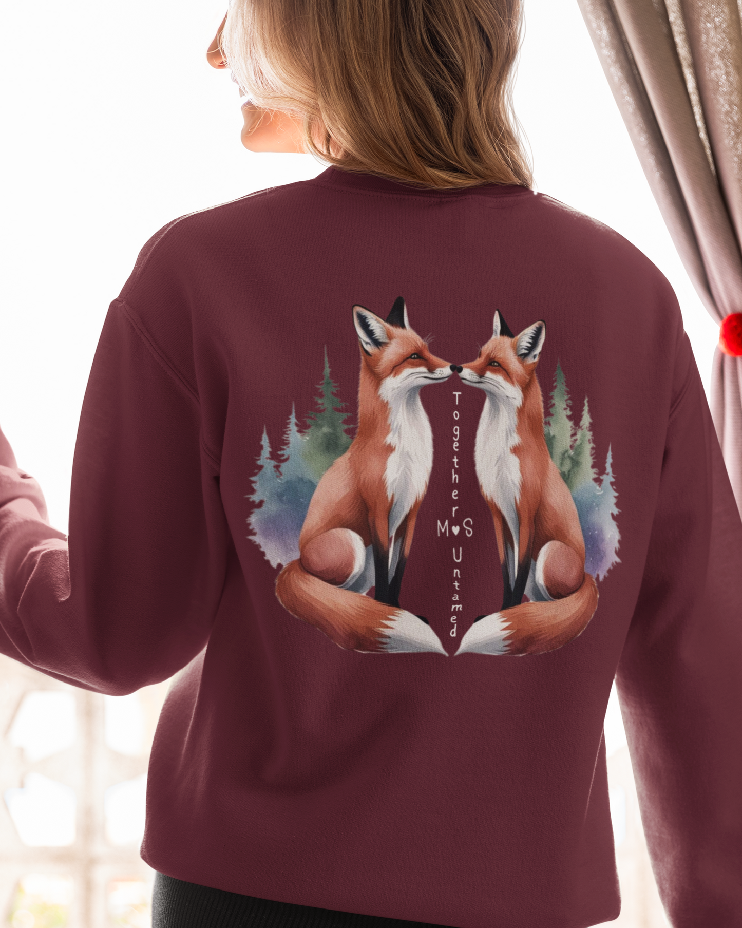 Customizable sweatshirt featuring a romantic fox couple and the phrase 'Together Untamed'—a perfect blend of style, love, and nature.