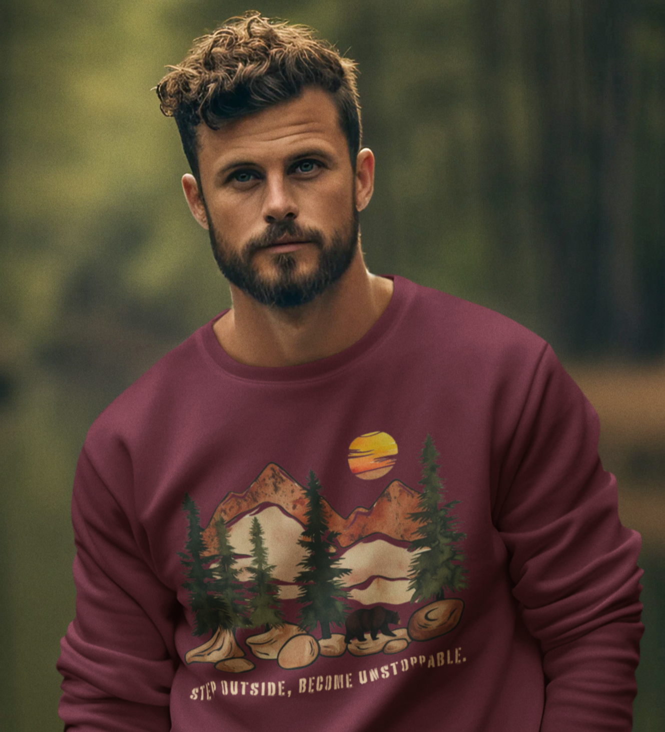 A adventurous man wearing a sweatshirt with a mountain forest and bear design, walking outdoors, featuring the phrase 'Step Outside, Become Unstoppable.