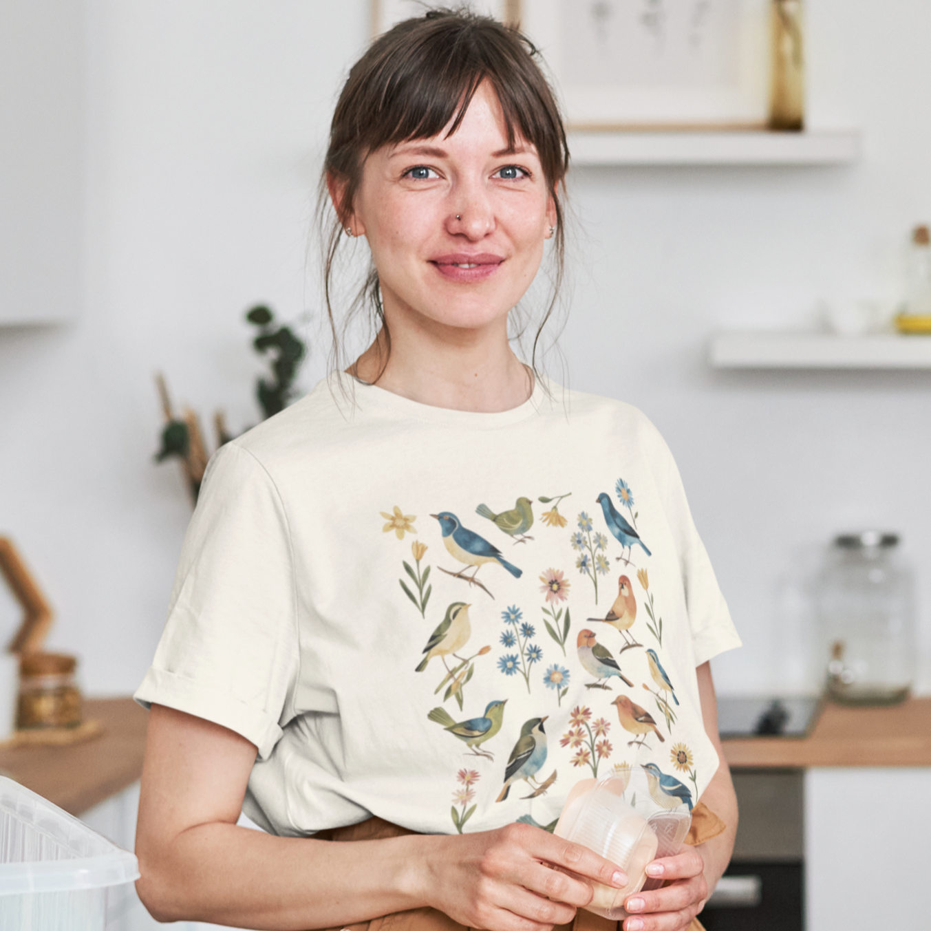 Cottagecore floral t-shirt with birds and Scandi folk art design. Perfect for boho lovers, casual wear, and nature-inspired fashion. Soft, unique, and stylish!