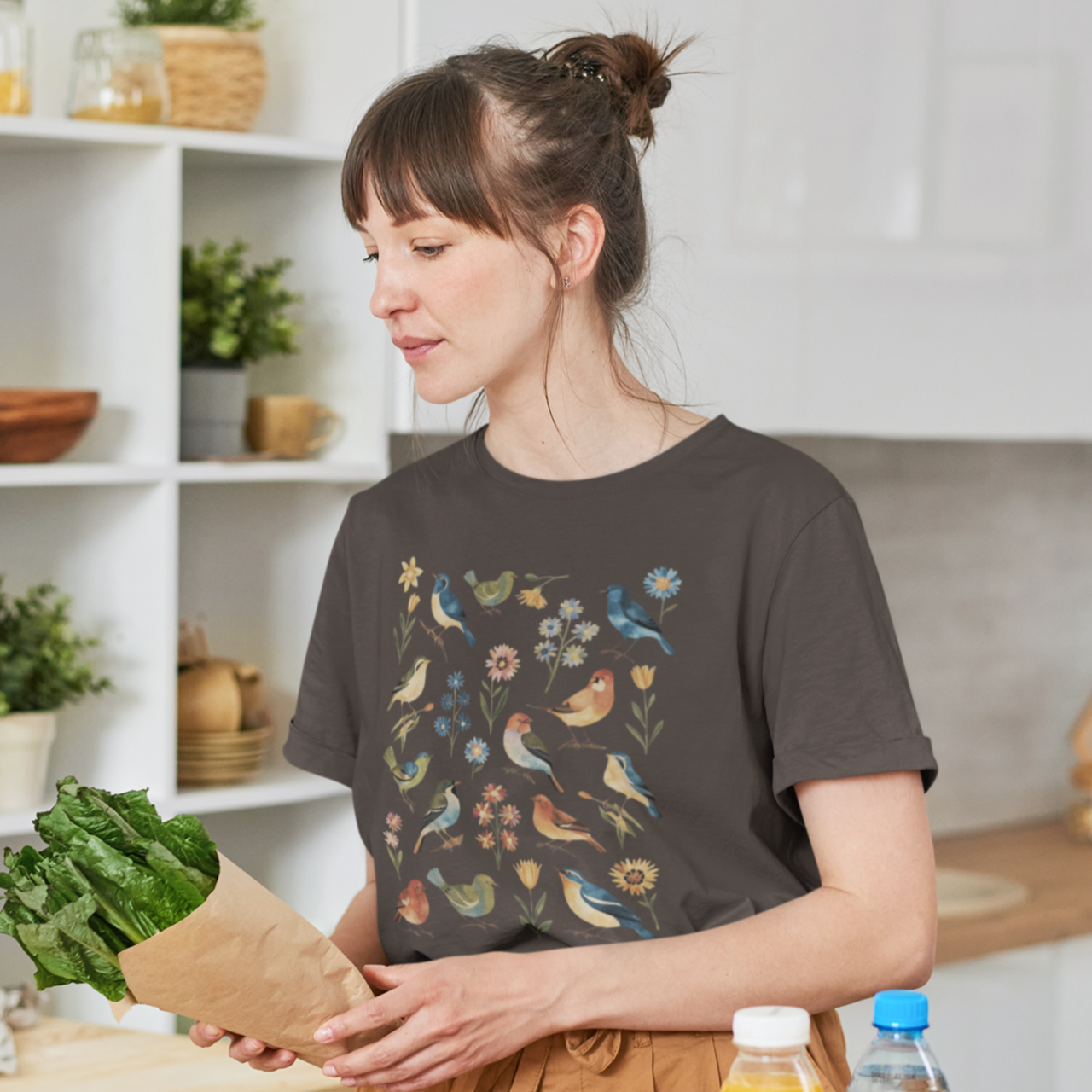 Cottagecore floral t-shirt with birds and Scandi folk art design. Perfect for boho lovers, casual wear, and nature-inspired fashion. Soft, unique, and stylish!