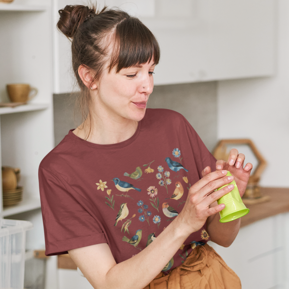 Cottagecore floral t-shirt with birds and Scandi folk art design. Perfect for boho lovers, casual wear, and nature-inspired fashion. Soft, unique, and stylish!