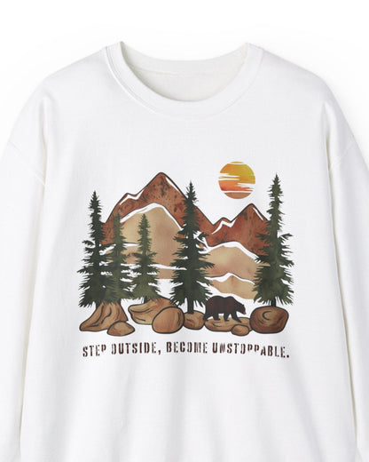 Step Outside, Become Unstoppable - Mountain Forest Sweatshirt - Verdant Blossoms