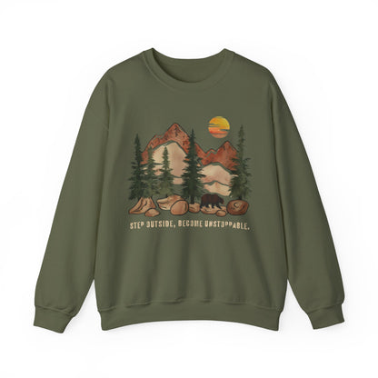 Step Outside, Become Unstoppable - Mountain Forest Sweatshirt - Verdant Blossoms