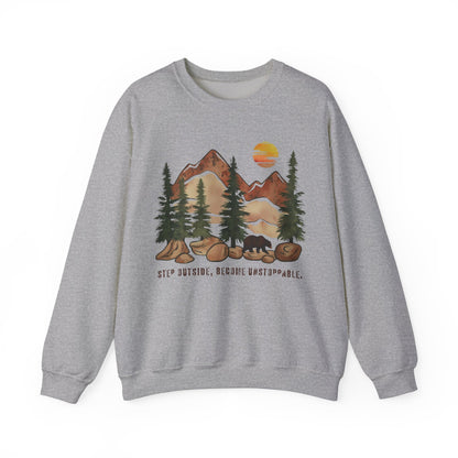 Step Outside, Become Unstoppable - Mountain Forest Sweatshirt - Verdant Blossoms