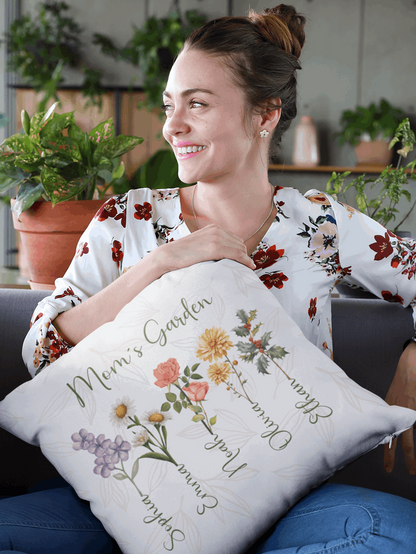 Custom Birth Flower Pillow - Mom's Garden with Names, Gift for Mom´s, Auntie´s, Grandma´s - Verdant Blossoms