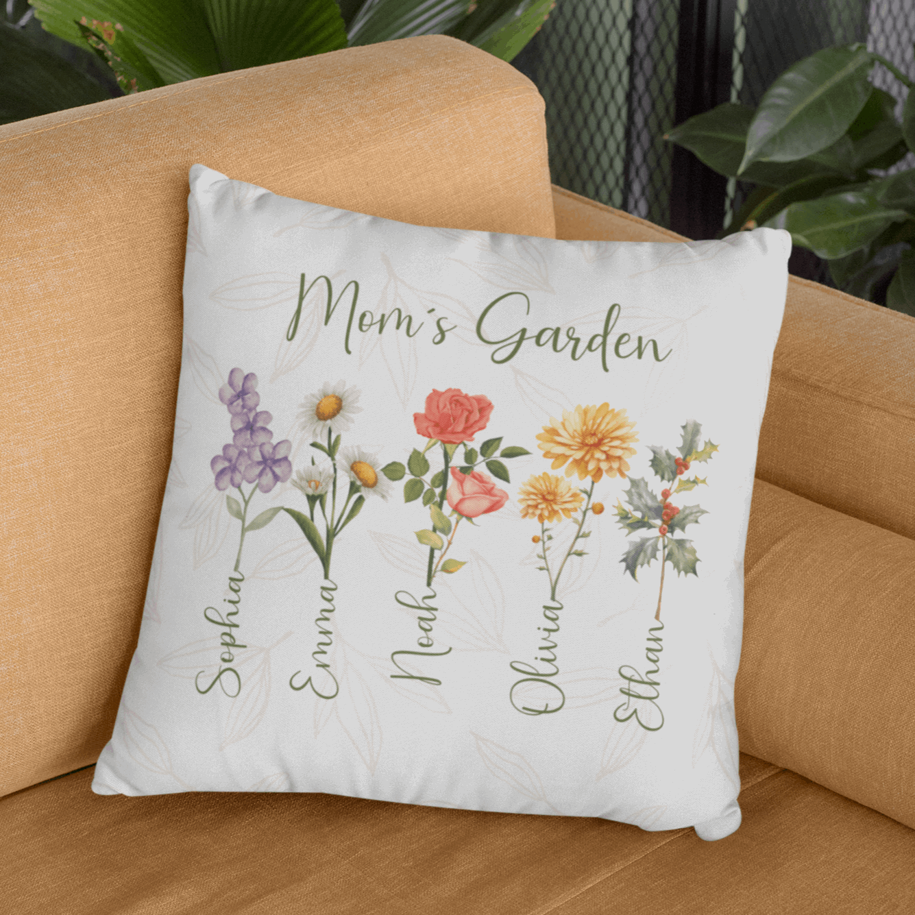 Custom Birth Flower Pillow - Mom's Garden with Names, Gift for Mom´s, Auntie´s, Grandma´s - Verdant Blossoms