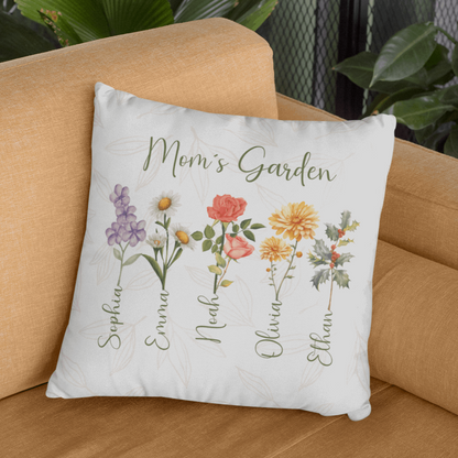 Custom Birth Flower Pillow - Mom's Garden with Names, Gift for Mom´s, Auntie´s, Grandma´s - Verdant Blossoms