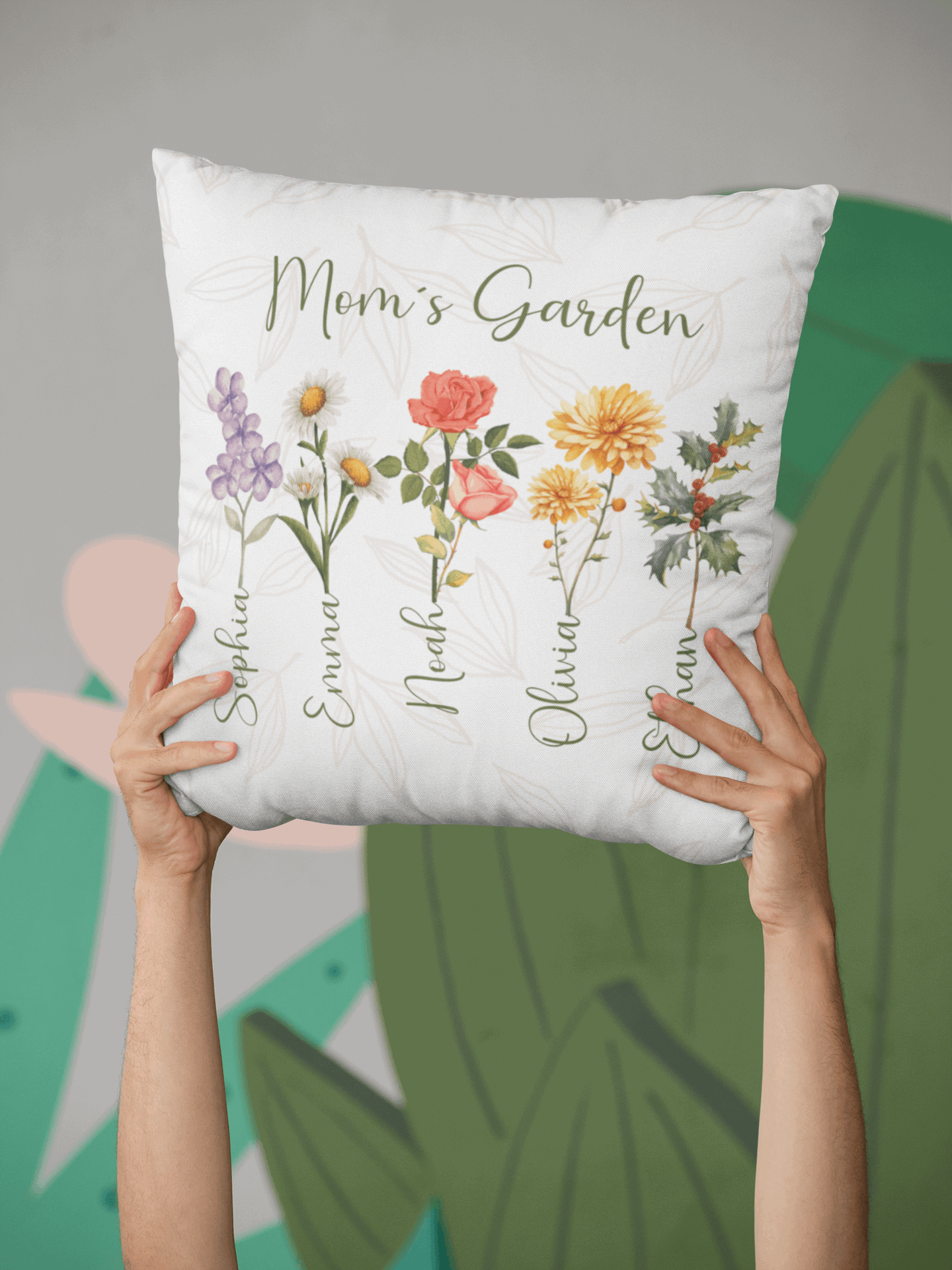 Custom Birth Flower Pillow - Mom's Garden with Names, Gift for Mom´s, Auntie´s, Grandma´s - Verdant Blossoms