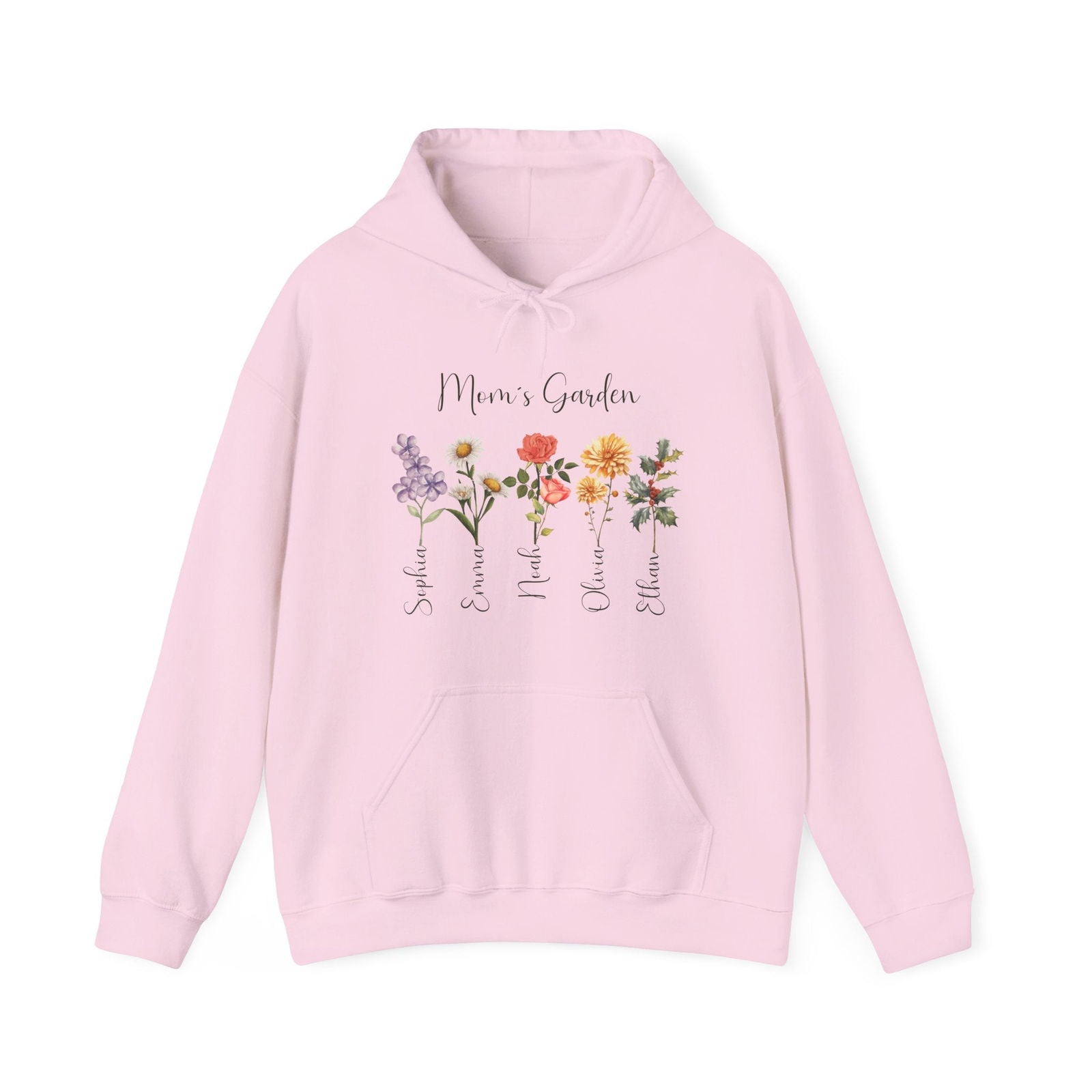 Custom Birthflower Hoodie – Auntie ’s Garden & Family Names - Unisex Hooded Sweatshirt - Verdant Blossoms