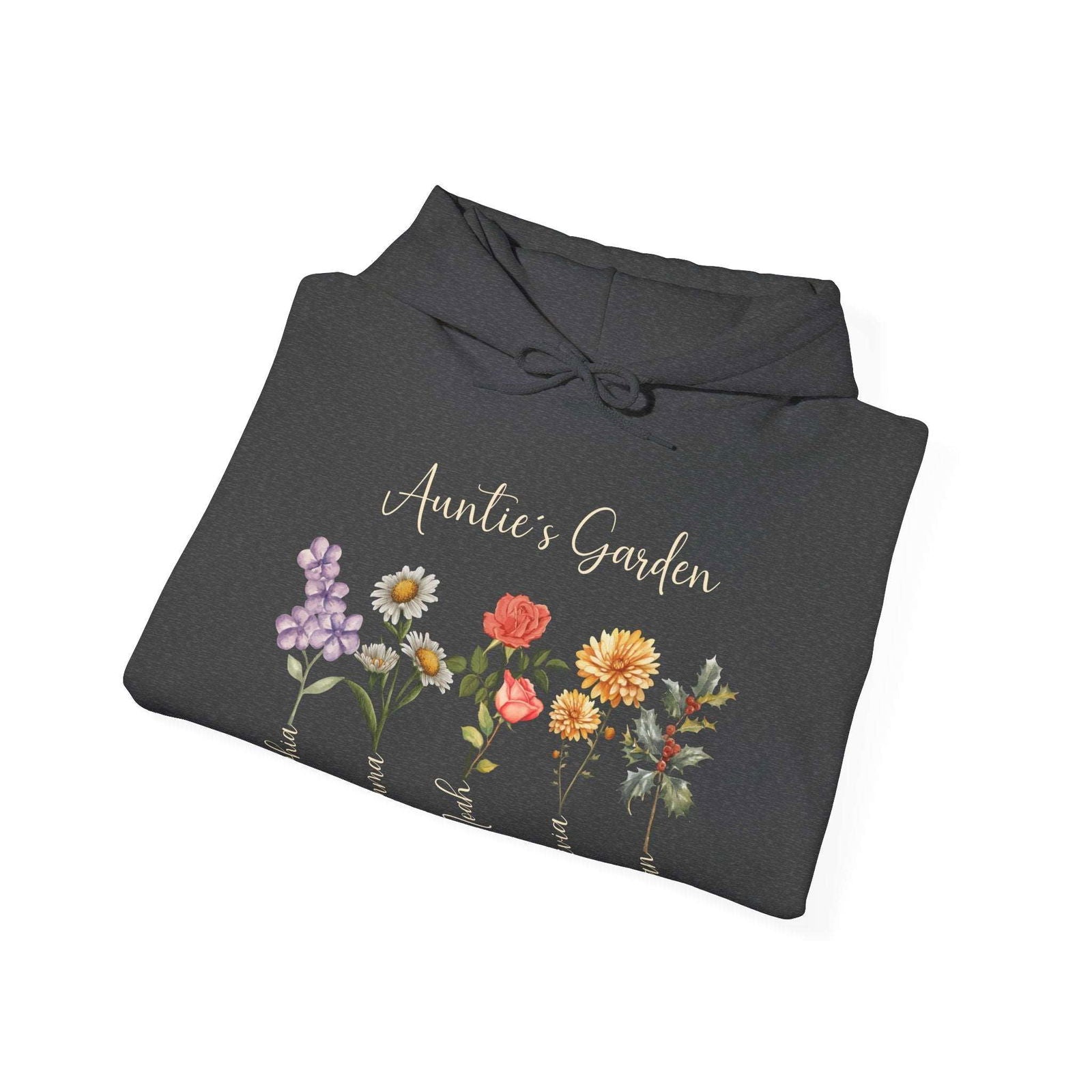 Custom Birthflower Hoodie – Auntie ’s Garden & Family Names - Unisex Hooded Sweatshirt - Verdant Blossoms