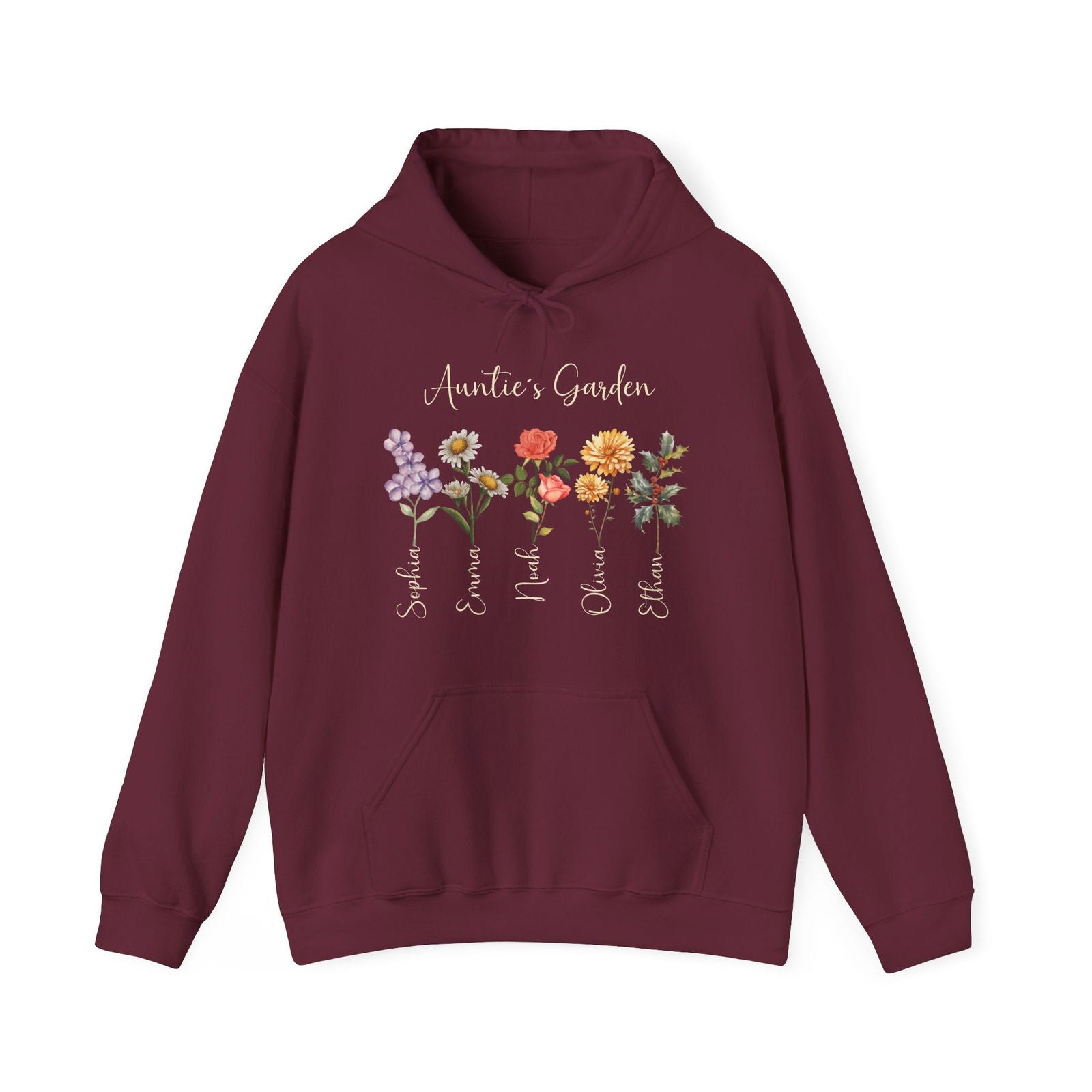 Custom Birthflower Hoodie – Auntie ’s Garden & Family Names - Unisex Hooded Sweatshirt - Verdant Blossoms