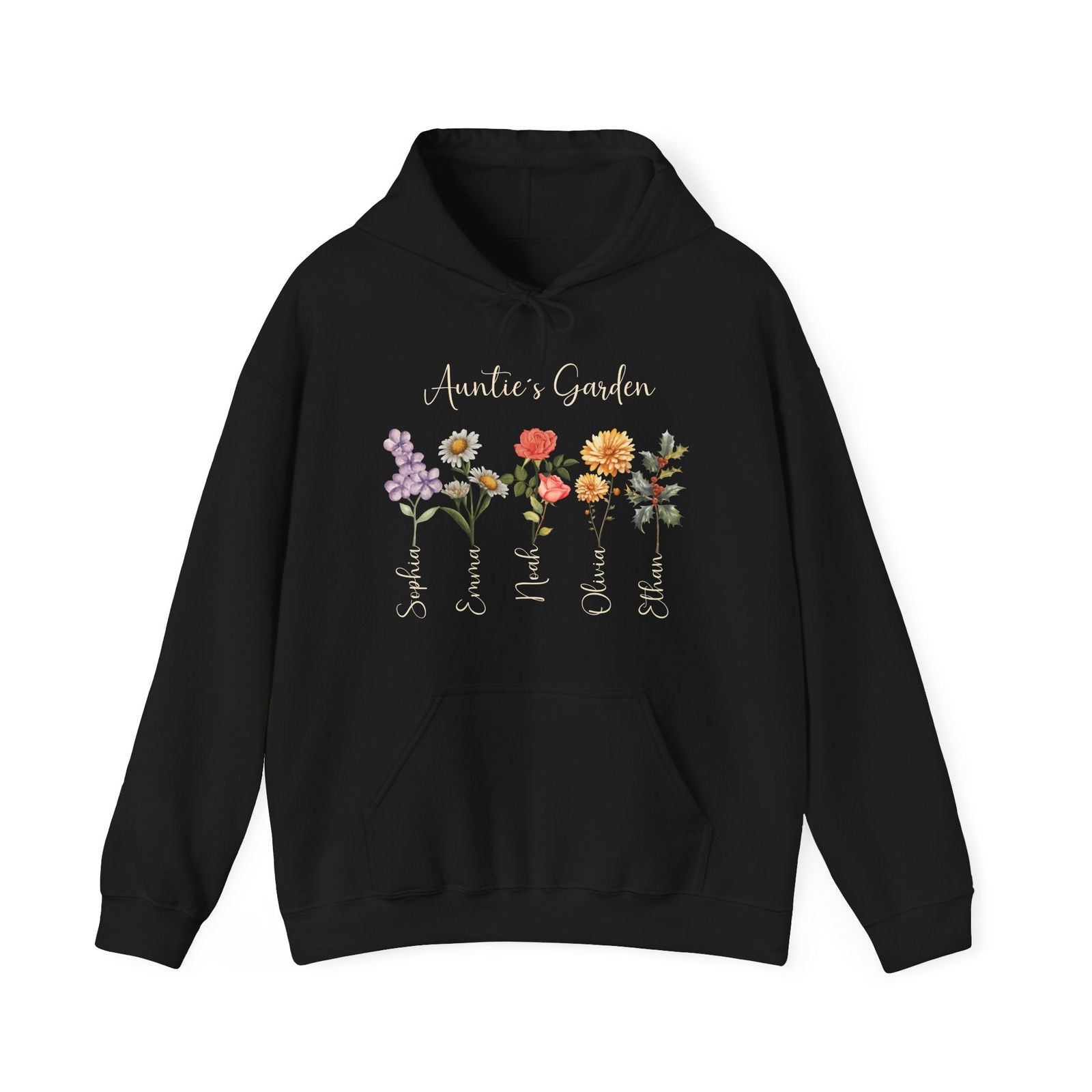 Custom Birthflower Hoodie – Auntie ’s Garden & Family Names - Unisex Hooded Sweatshirt - Verdant Blossoms