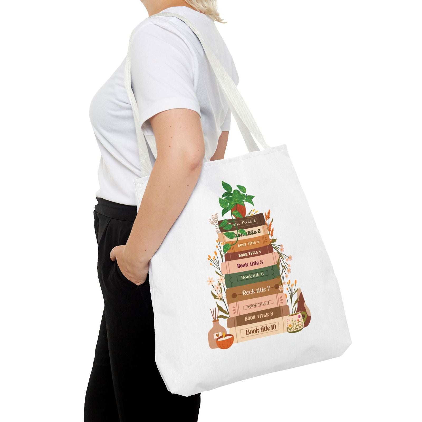 Custom Book Lovers Bag - Gift for Readers - Tote Bag with 10 Books and Flowers - Verdant Blossoms