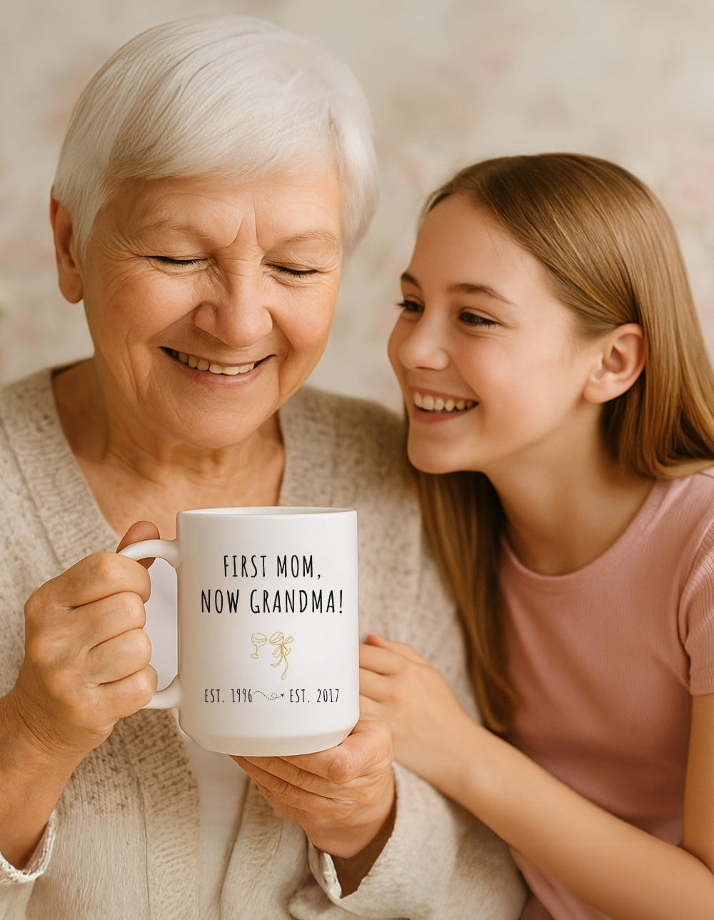 Celebrate her transition with our “First Mom, Now Grandma” mug – the perfect gift for Mother’s Day or a new grandma reveal.