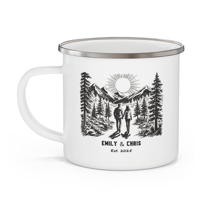 Personalized Enamel Camp Cup for Couples | Custom Forest Adventure Design - Celebrate Love This Valentine's Day - Verdant Blossoms